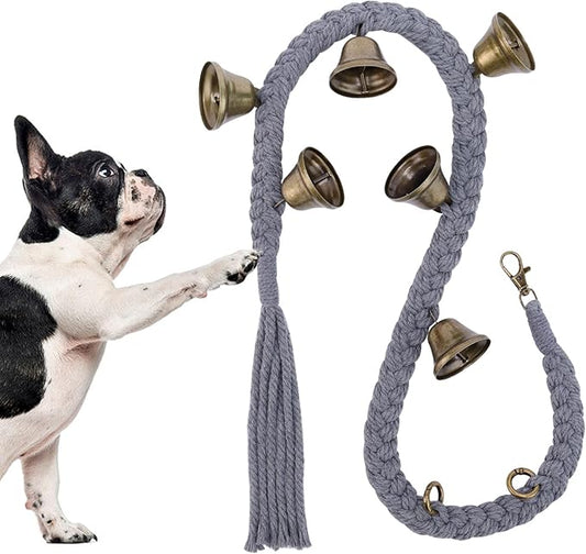 Dog Bell for Door Potty Training, Cotton Handwoven Dog Doorbell with 6 Extra Loud Bells for Dog Training, Adjustable Hanging Door Bell for Small Medium Large Dogs to Ring to Go Outside, Grey