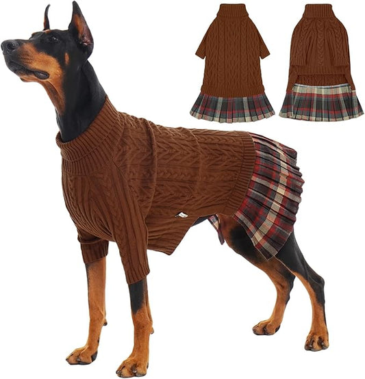 IECOii Girl XXXL Dog Sweater Dress, Girl Dog Sweaters for Extra Large Dogs Turleneck, Caramel,XXXLarge, Thermal Warm Knitwear with Leash Hole, Adorable Cable Knit Sweater for Christmas & Thanksgiving