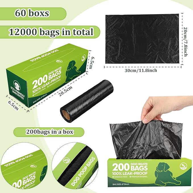 Sherr 60 Rolls Dog Poop Waste Bags 12000 Count Unscented Dog Trash Leak Proof Pet Doggie Thick Plastic Bag for Home Park Outdoor Travel Pet Supplies, Black