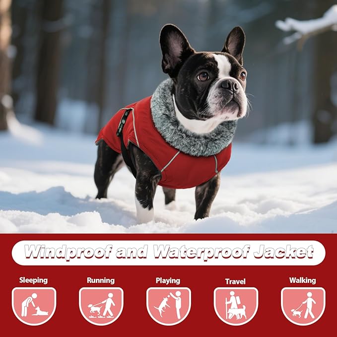 DENTRUN Extra Large Warm Dog Jacket - Windproof Water Repellent Reflective Coat, Adjustable Plush Turtleneck, Easy Wear Fleece Lined Cold Weather Vest for Great Dane, Red, XXXL