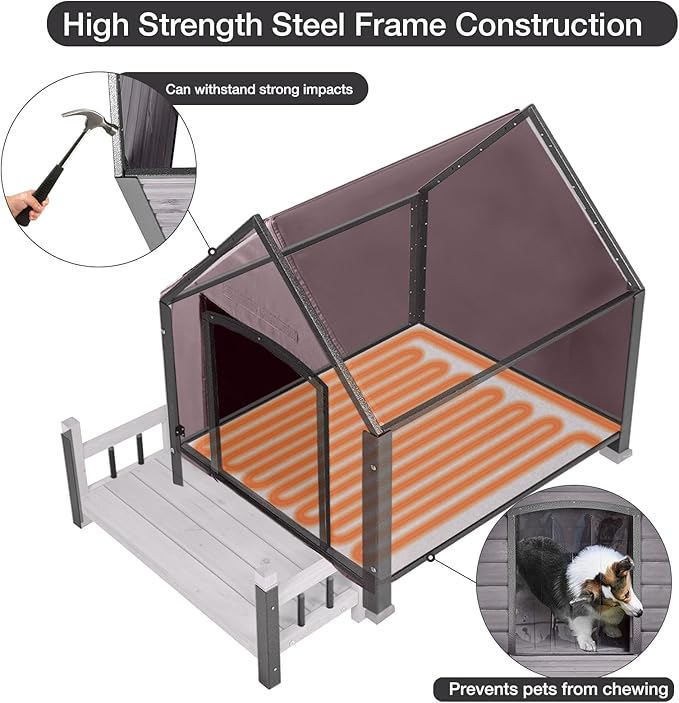 Dog House Outdoor, Chew-Proof Metal Frame Dog Kennel Shelter for Large Breeds,Weatherproof (Grey-H, Large)