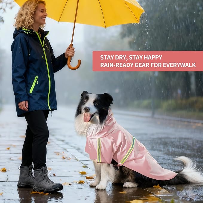 Dog Raincoat, Waterproof Windproof Dog Rain Jacket Adjustable, Rain Coat with Leash Hole, Reflective Strap Raincoat Poncho for Small Medium Large Dogs Outdoor (Reflection-Pink, X-Large)