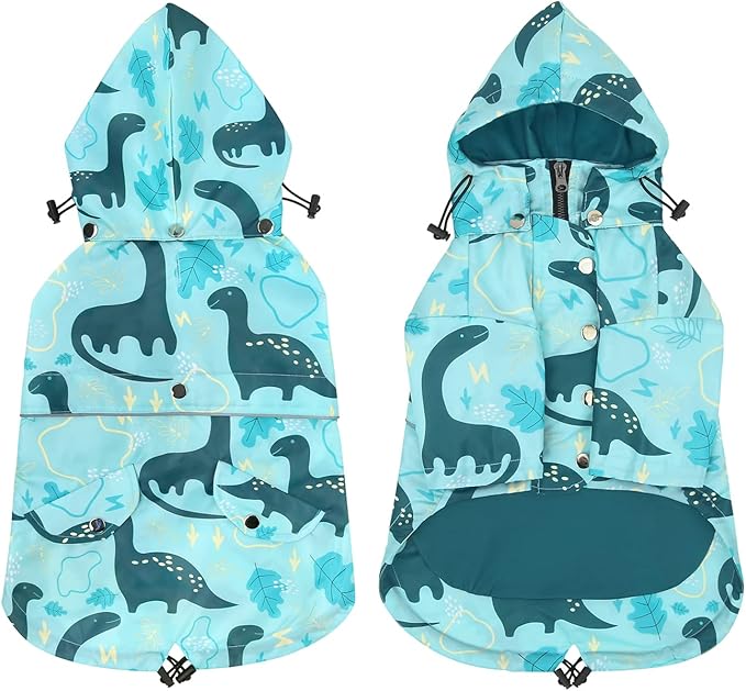 HDE Dog Raincoat Poncho Double Layer Zip Rain Jacket with Removable Hood, Leash Hole for Small to 3XL Dogs and Puppies Dinosaurs - XL