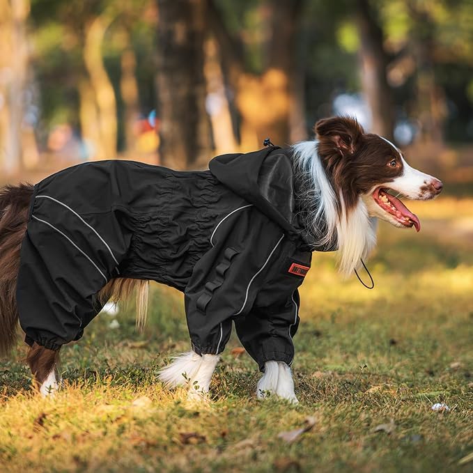 OneTigris Dog Raincoat with Hood for Medium Large Dogs, Waterproof & Reflective, 4 Legs Dog Rain Jacket Adjustable Puppy Poncho for The Rain and Snow (Black, Medium)