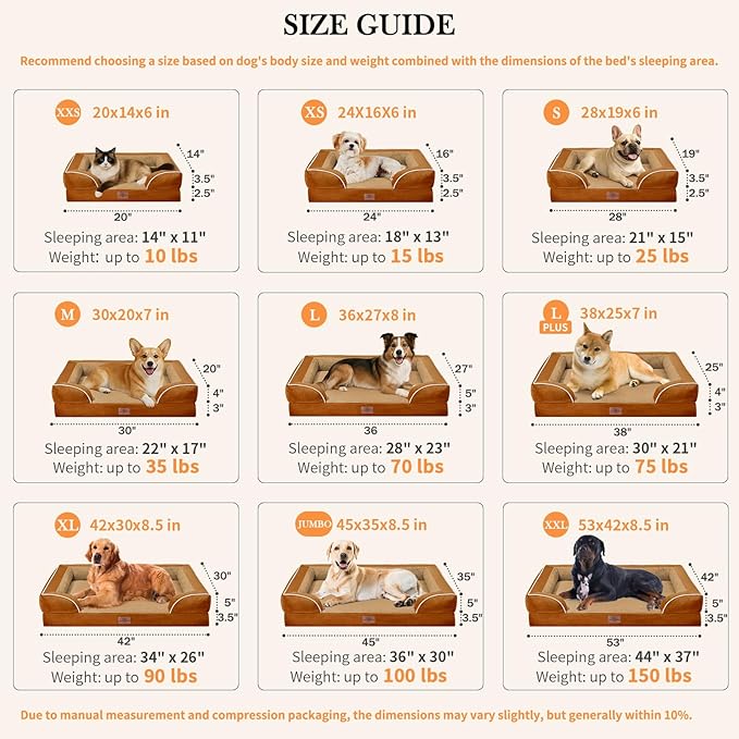Comfort Expression Orthopedic Dog Bed for Small Dogs 24x16 Inch, Waterproof Supportive Egg Crate Foam Small Pet Bed with Removable Bolsters, Dog Couch with Washable Cover & Non-Slip Bottom, Orange