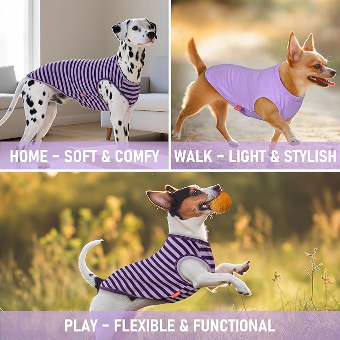 KYEESE 2Pack Dog Shirts for Medium Dogs Breathable Striped T Shirt Lightweight Sleeveless Doggie Vest Cotton Tank Top Stretchy Pet Clothes, XX-Large,Purple+Striped