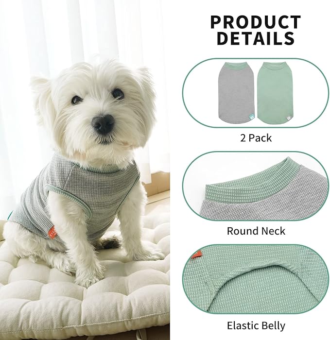 KYEESE 2Pack Dog Shirts Waffle for Small Dogs Stretchy Pet T-Shirts Lightweight Dog Tank Top Sleeveless Dogs Vest Breathable, X-Large, Green+Grey