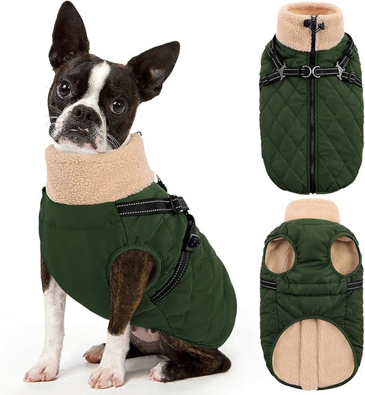 Queenmore Dog Jackets for Large Dogs, Dog Coat with Harness Built-in, Thick Fleece Lining Waterproof Jacket for Large Breeds, Back Zipper Pet Winter Jacket for Retriever, Labrador, ArmyGreen XL