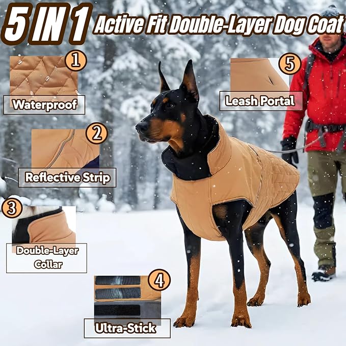 Outdoor Classic Quilted Upgraded Dog Winter Coat, Waterproof & Warmth Coats for Extra Large Dogs, Easy On & Off Jacket Chest Adjustable, Thick Pet Jackets for Great Dane Doberman(Khaki, 3XL)