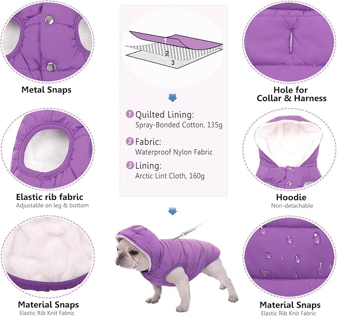 Windproof Waterproof Dog Coat Fleece & Cotton Lined Warm Jacket, Cold Weather Pet Apparel Clothes Vest for Small Medium Large Dog (XL, Purple)