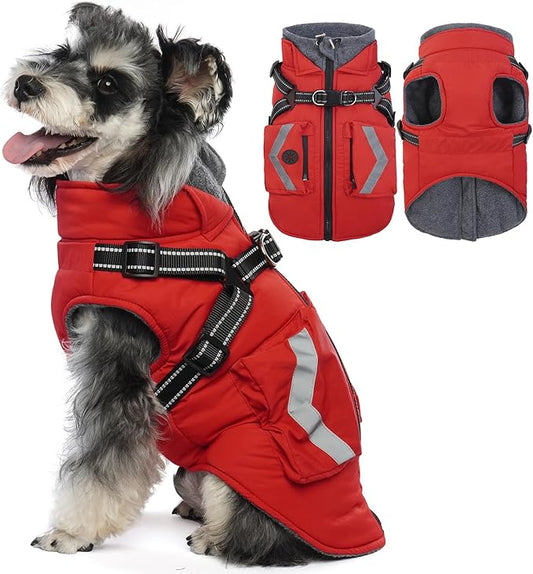 FUAMEY Small Dog Winter Coat with Harness Built in, Fleece Lined Dog Jacket Turtleneck, Pet Vest with Pockets, Back Zipper Puppy Winter Clothes, Doggy Cover for Cold Weather, Shih Tzu (Red, S)