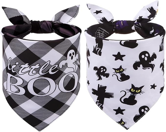 SCENEREAL Halloween Dog Bandanas 2 Pack, Puppy Fall Triangle Bibs Handkerchief Ghost Black Cat, Reversible Holiday Dog Bandana for Boy and Girl, Premium Pet Scarf for Small Medium Large Dogs L