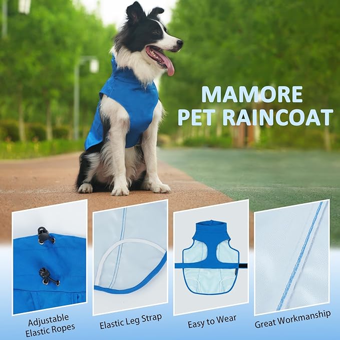 Waterproof Dog Raincoat, Adjustable Lightweight Dog Rain Jacket with Reflective Strip Leash Hole for Small Medium Large Dogs (Blue, Small(9-13lb))