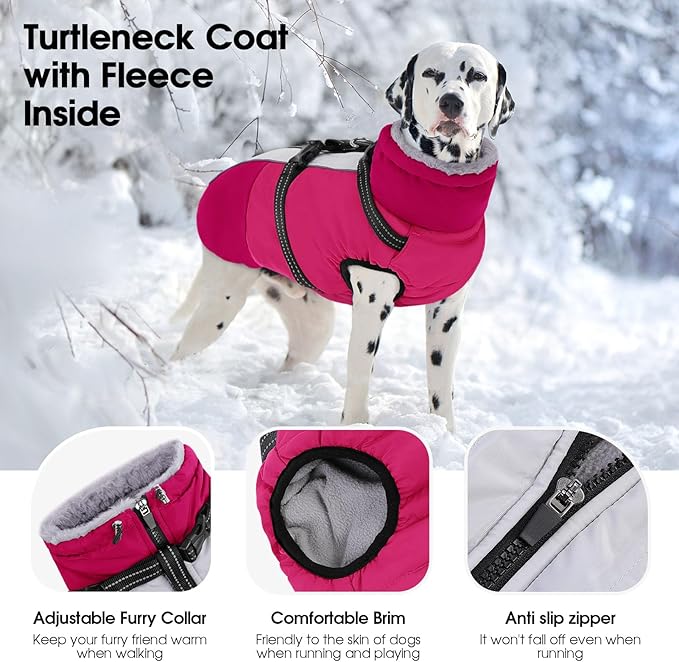 SUNFURA Dog Winter Coat, Warm Dog Coat with Harness for Medium Dogs Boys Girls, Reflective Fleece Lined Pet Winter Jacket Snowsuit for Pug, Jack Russel, Schnauzer, Hot Pink M