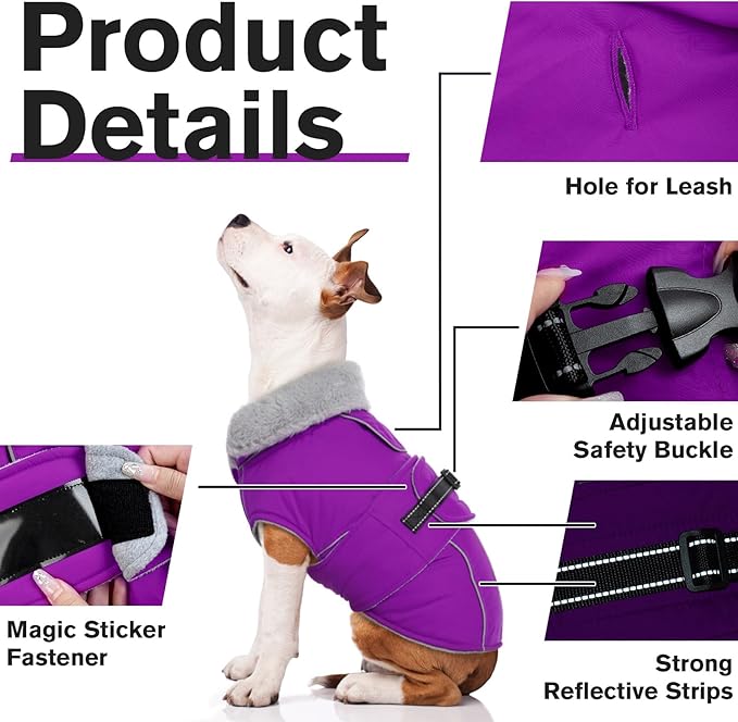Lelepet Warm Dog Winter Coats for Small Dogs Waterproof Dog Jacket Reflective Pet Fleece Vest Windproof Cold Weather Coats with Adjustable Buckle & Leash Hole, Purple, S