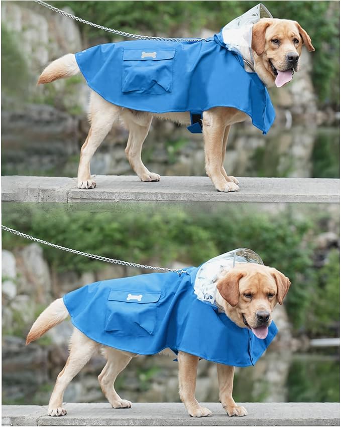 Dog Raincoat Waterproof, Adjustable Reflective Hooded Dog Rain Poncho with Leash Hole for Small Medium Large Dogs (Blue, Medium)