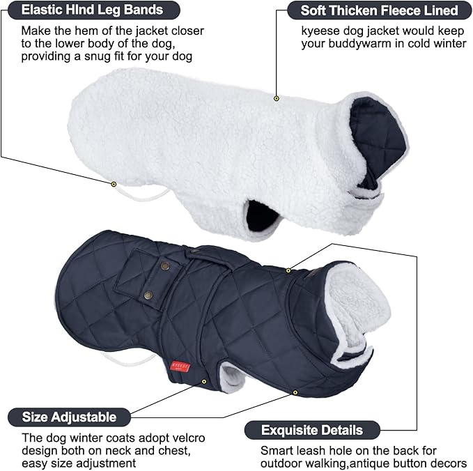 KYEESE Dog Coat Windproof Pet Sweater with Fleece Lined Thick Dog Coats for Medium Dogs Warm Pet Winter Puffer Coat with Leash Hole Waterproof Pets Clothes for Cold Weather Dogs Jacket with Pocket