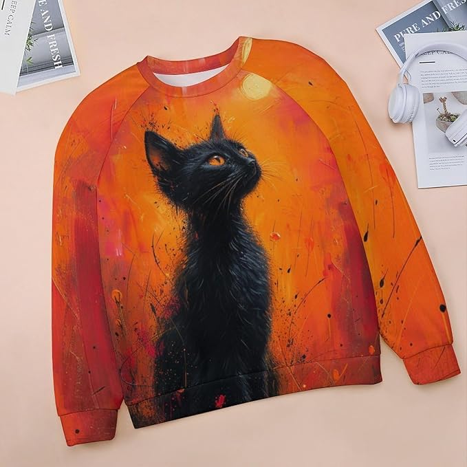 Long Sleeve Shirts for Women Cat Oil Painting Shirt 3D Graphic Sweatshirts Fall Pullover Crewneck Vintage Boho Tops