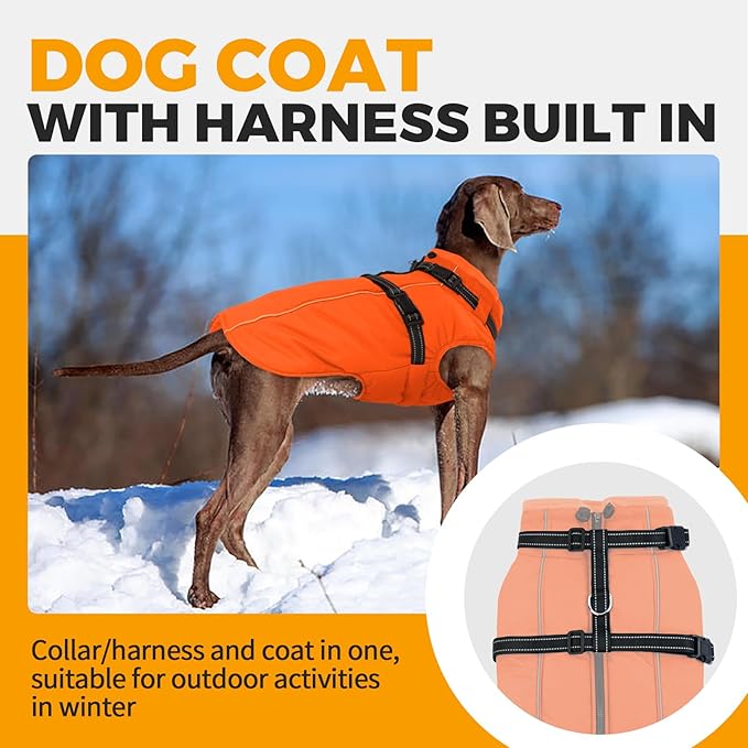 Lelepet Dog Winter Coat Waterproof Dog Jacket with Harness Built in Windproof Reflective Pet Coats for Small Medium Large Dogs, Thermal Fleece Lined Coats for Cold Weather Walking Hiking, Orange, M