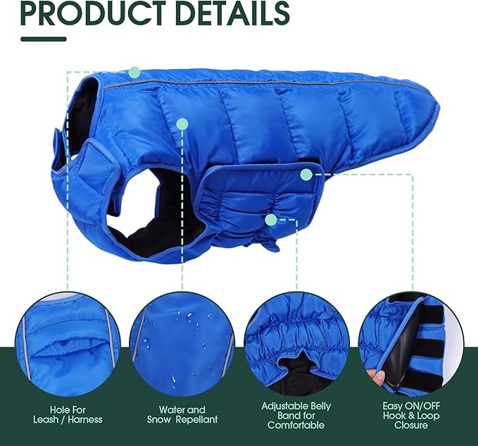 Kuoser Dog Puffer Jacket Warm Dog Coat for Extra Large Dogs, Windproof Reflective Pet Padded Vest Cold Weather Clothes Puppy Snowsuit with Hook & Loop Coats, Easy On/Off, Blue 3XL