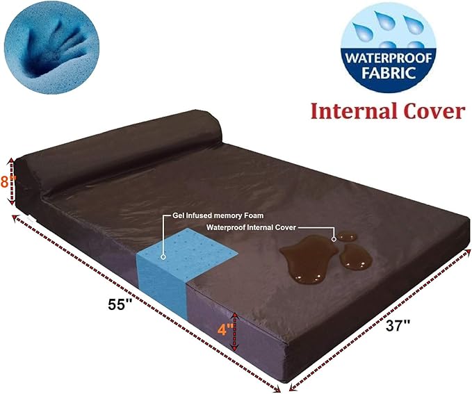 Dogbed4less Premium HeadRest Pillow Orthopedic Cool Memory Foam Dog Bed for Large Dogs, Waterproof Lining with Washable Suede Espresso Cover, XXL 55X37