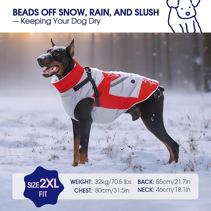 FUAMEY Dog Winter Jackets for Small Dogs,Dog Coat with Harness Built in,Waterproof Dogs Snowsuits Warm Pet Jacket Zip Up Fleece Cold Weather Coats Reflective Puppy Vest with Pocket Red XS