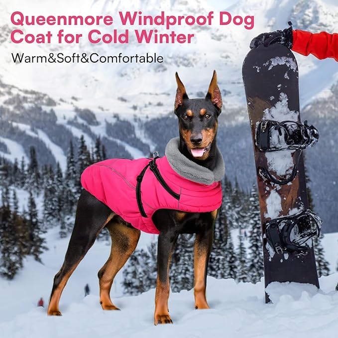 Queenmore Small Dog Coat,Dog Coat for Small Dogs,Reflective Windproof Dogs Jackets with Built-in Harness,Doggy Winter Jacket with Zipper On Back,Warm Pet Coats with Fleece Lining,Rosered,S