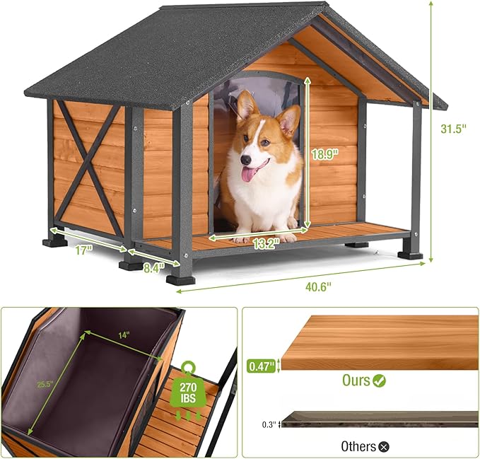 GUTINNEEN Dog House Outdoor with Removable Insulated Liner and Chew-Proof Metal Frame, Summer and Winter Use Dog Kennel for Small to Medium Dogs (40.6 “L×34.3”W×31.5“H)