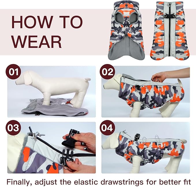 Dog Coat Dog Winter Jacke XX Large Warm Dog Coat Zip Up Snowsuit Dog Harness Vest Reflective Water-Resistant Dog Coat Dog Snow Jacket for Large Dogs Border Collie, Pit Bull, Orange-Camouflage