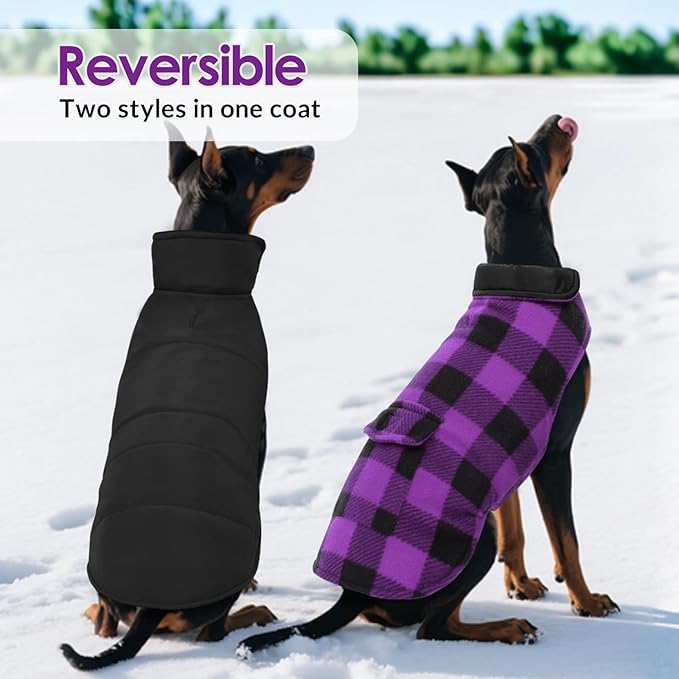 ASENKU Dog Jacket Plaid Reversible Reversible Dog Vest Waterproof Cold Winter Clothes Pet Apparel for Small Medium Large Dogs (XL, Purple)