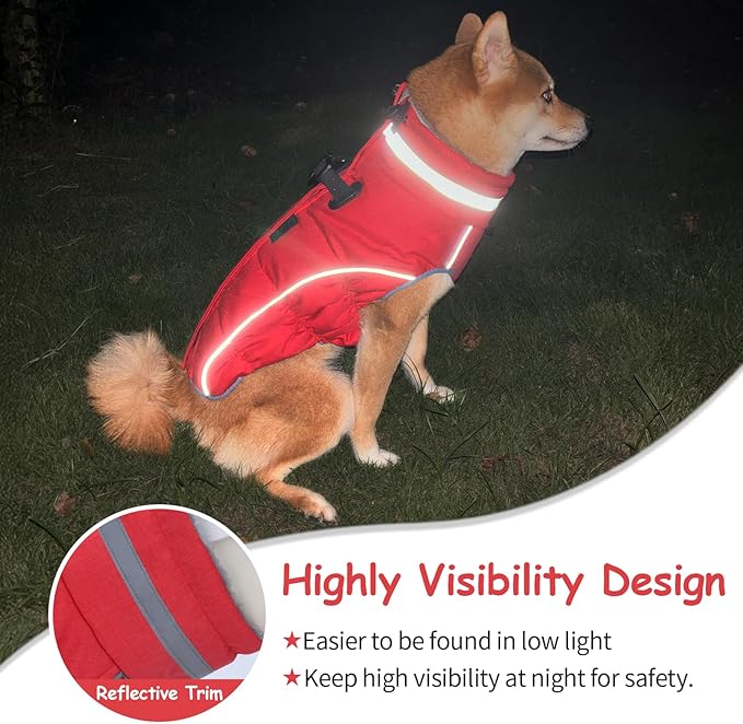 Malier Dog Coat, Reflective Dog Jacket Waterproof Windproof Puppy Cold Weather Coats with Harness Built in, Winter Extra Warm Pet Coat Fleece Vest for Small Large Pets and Puppy (Red, XXX-Large)
