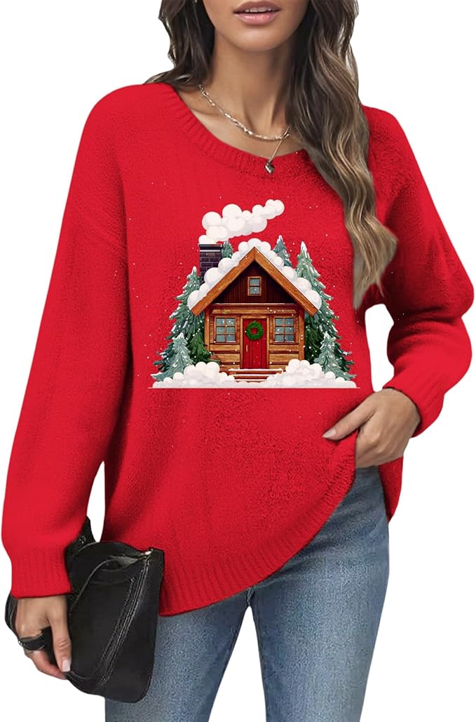 Women's Red Christmas Sweater - Festive Cartoon Patterns, Cozy Knit for Holiday Parties & Gatherings