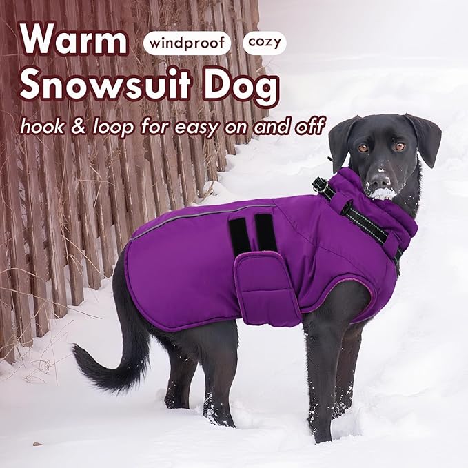 Large Dog Jacket, Waterproof Winter Coat with Harness Built in, Reflective Adjustable Hook&Loop Dog Snowsuit Cold Weather, Warm Snow Coat for Dogs French Bulldog, L Purple