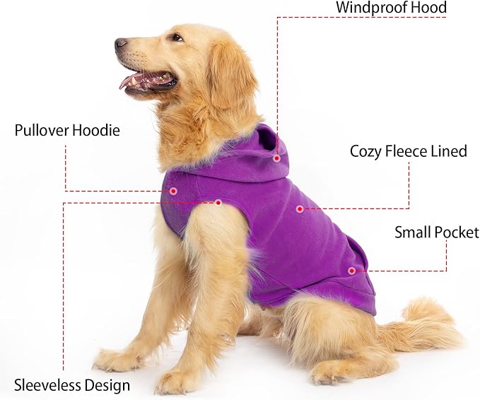 EXPAWLORER Dog Hoodie Fleece Sweater Vest, Hooded Dog Sweatshirt Fall Winter Pet Clothes with Leash Hole, Sleeveless Warm Cozy Puppy Clothing for Cat Small Medium Large Dogs Girl Boy, Purple L