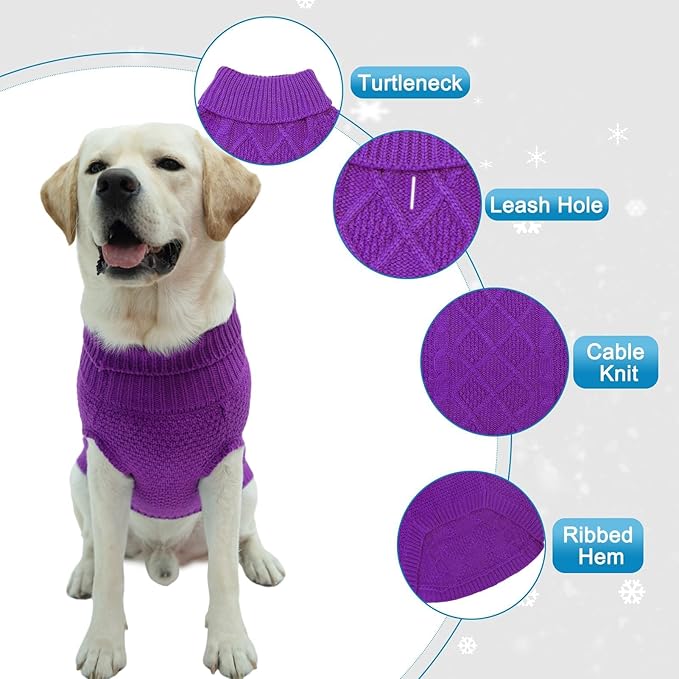 Mihachi Turtleneck Dog Sweater - Winter Coat Apparel Classic Cable Knit Clothes with Leash Hole for Cold Weather, Ideal Gift for Pet in New Year Purple Large