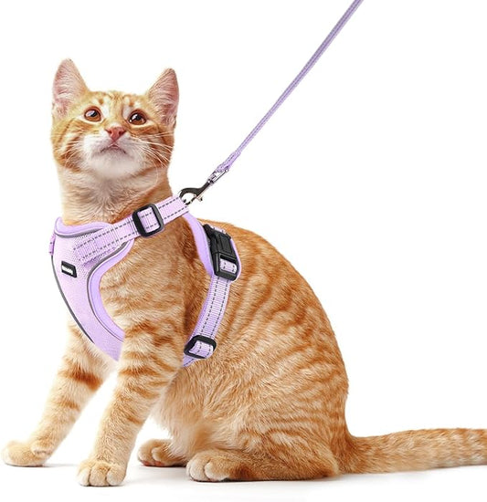 Rttochfy Cat Harness and Leash Set, Adjustable and Reflective Cat Vest, Escape Proof Kitten Harness, Easy to Put on with 3 Buckles for Cats Walking and Traveling (Purple, L)