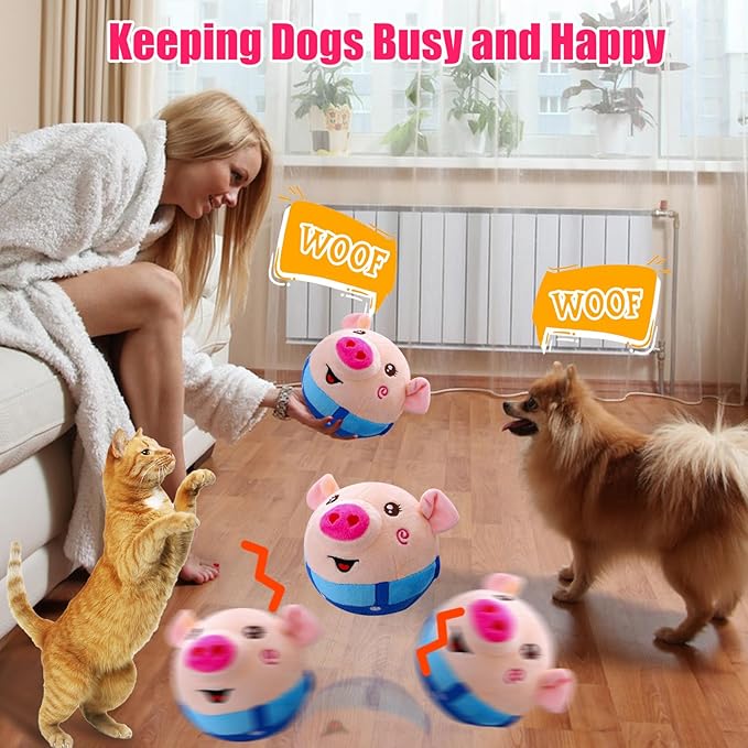 Interactive Dog Ball - Self Moving Plush Pet Toy with Music & Remote Control - Keeps Small/Medium/Large Dogs Busy (Blue Pig)