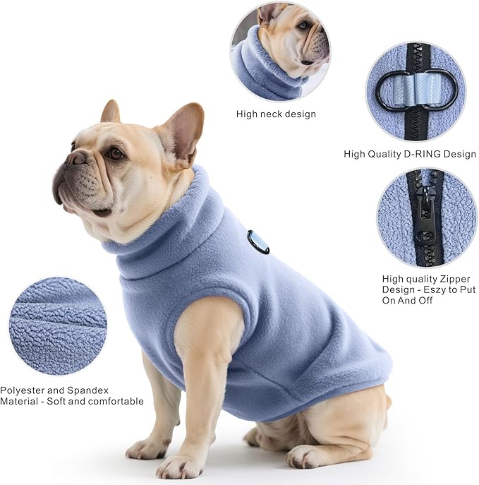 Idepet Dog Fleece Vest Sweater Zip Up Warm Pullover Dogs Jacket with D-Ring Leash Winter Cold Weater Coat Pet Sweatershirt Clothes Hoodie for Small Medium Dogs Boy Girl(Sky Blue,XS)