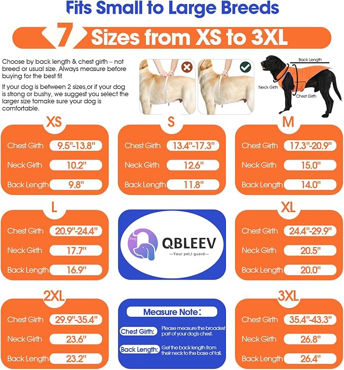 QBLEEV Reversible Dog Jacket for Large Dogs, Waterproof Windproof Winter Coat with Adjustable Hook & Loop Design, Lightweight Puffer Vest Keeps Dogs Warm & Dry, Orange, XL – Fits Pitbull, Boxer