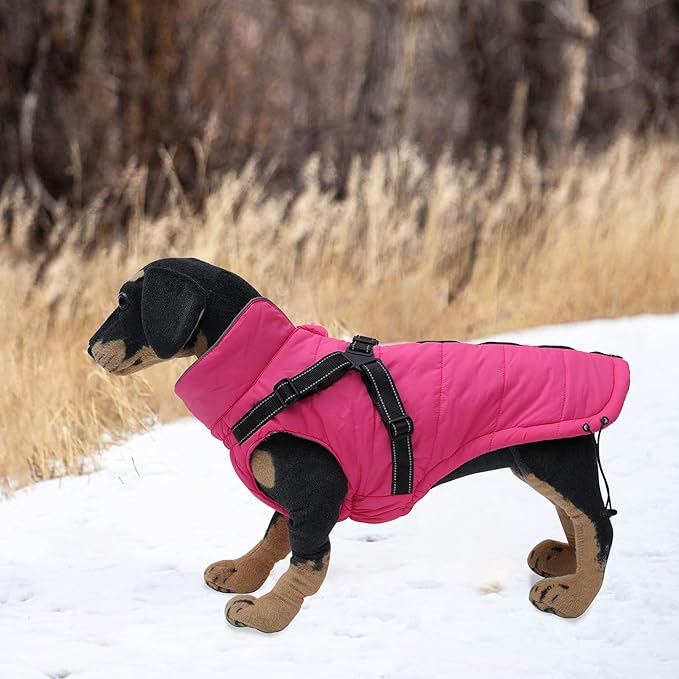 Winter Warm Coat Geyecete Waterproof Dog Winter Jacket with Harness Traction Belt,Pet Outdoor Jacket Dog Autumn and Winter Clothes for Medium, Small Dog-Pink-S