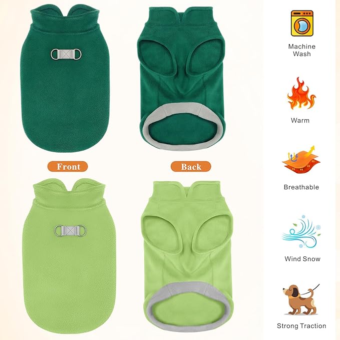 Idepet 2 Pack Dog Fleece Vest Sweater Warm Pullover Jacket with D-Ring Leash Reflective Winter Coat Hoodie for French Bulldog Pug Chihuahuas Yorkies Dachshunds(Dark Green&Grass Green,X-Large)