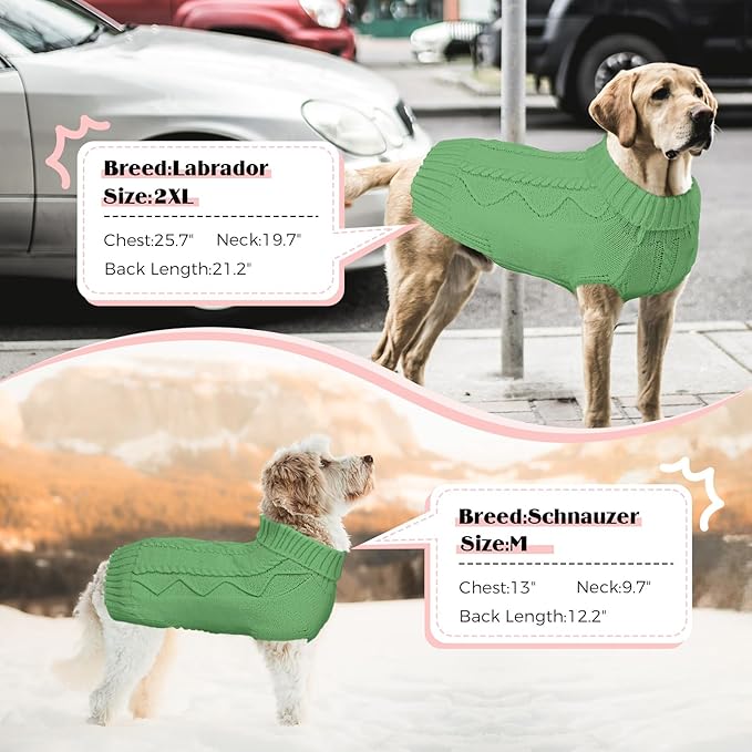 Dog Sweaters for Small Medium Large Dogs Girl, Soft Warm Turtleneck Pup Dogs Shirt, Double Knitting Collar for Outdoor Playing, Warm Dog Clothes (L,Green)
