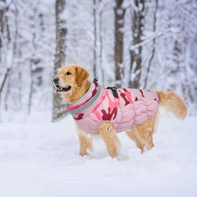 Lelepet Warm Dog Winter Coat Dog Coats for Large Dogs Waterproof Dogs Jacket with Harness Built in Reflective Cold Weather Coats Windproof Zip-Up Winter Fleece Vest Snowsuit Boxer Pink Camo XL