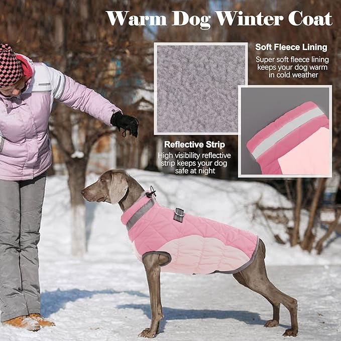 Lelepet Dog Coat Warm Dog Winter Coat Waterproof Dogs Jacket with Harness Built in Reflective Pet Fleece Vest Zip-Up Cold Weather Coats for Large Dogs Turtleneck & Windproof Coats Boxer Pink XL