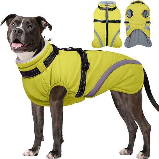 BRKURLEG Dog Winter Jackets for Large Dogs, Dog Coat with Harness Built in, Dogs Snowsuits with Zipper, Waterproof Windproof Pet Puffer Jacket Fleece Vest for Beagle, Pitbull, Green XL