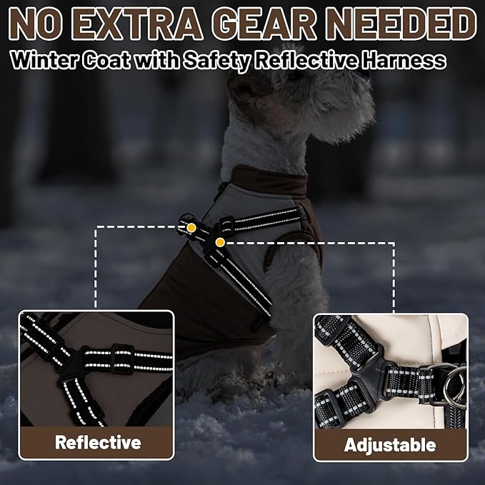 Dog Winter Coat for Small & Medium Dogs (Up to 31lb), Waterproof Dog Coat with Harness, Puppies Windproof Puppy Puffer Jacket, Snowsuit for Dachshund,Frenchie, Corgi (Classic Brown, Small)