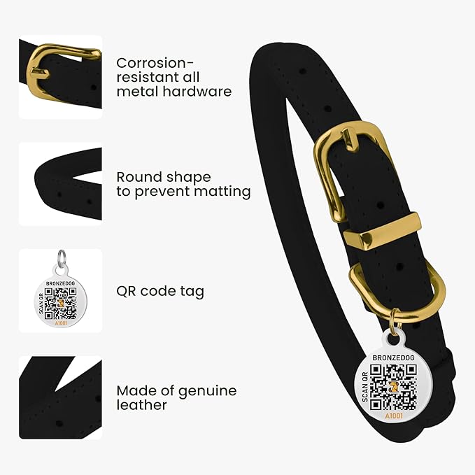 BronzeDog Rolled Leather Dog Collar with QR ID Tag, Adjustable Soft Round Collars for Small Medium Large Dogs Puppy (7" - 10" Neck Size, Black Night)