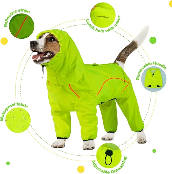 Dog Raincoat, Waterproof Dog Rain Jacket with Removable Hood，Adjustable 4 Legs Pet Poncho with Leash Hole，Reflective Stripe Hooded Snowproof Windproof Clothes for Small to 3X-Large Dogs, L