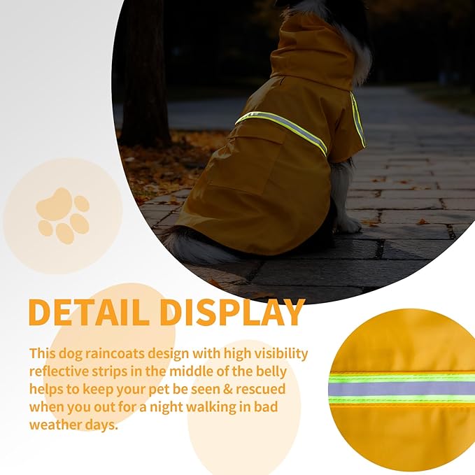 Dog Raincoat, Waterproof Windproof Dog Rain Jacket Adjustable, Rain Coat with Leash Hole, Reflective Strap Raincoat Poncho for Small Medium Large Dogs Outdoor (Reflection-Yellow, Medium)
