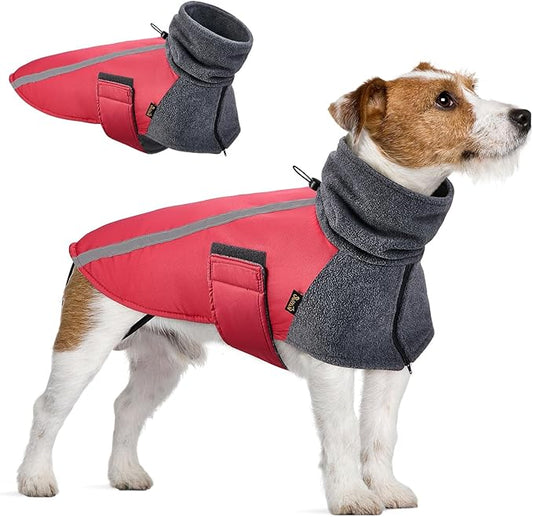 SlowTon Winter Dog Coat, Warm Polar Fleece Lining Doggie Outdoor Jacket with Turtleneck Scarf Reflective Stripe Adjustable Waterproof Windproof Puppy Vest Soft Pet Outfits (S,Red)